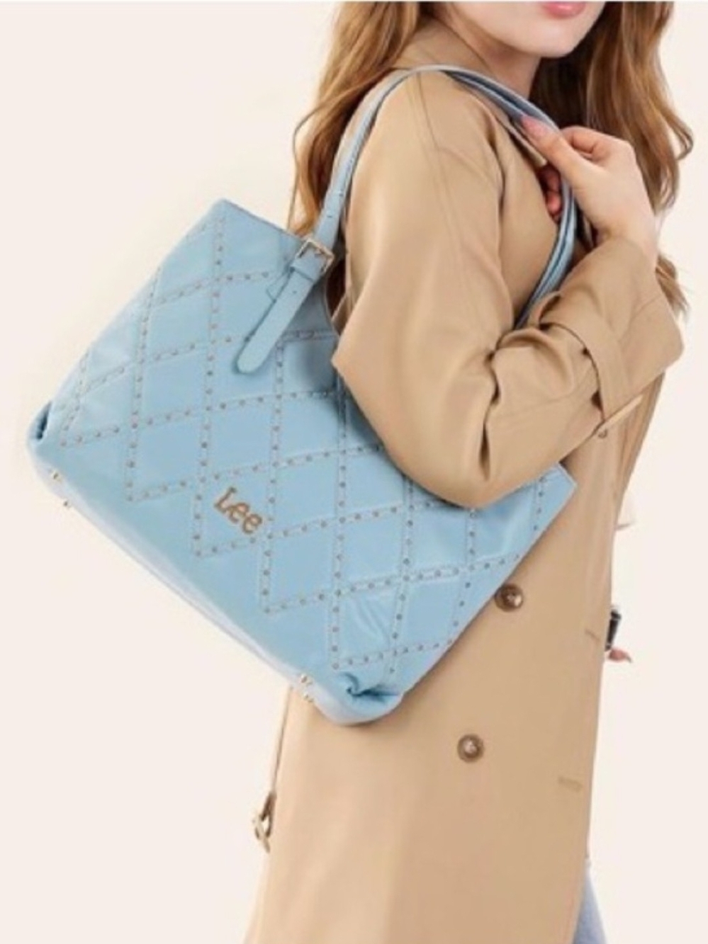 Lee X Montana West Quilted Tote Bag in Light Blue, Vegan Leather. Baby Blue